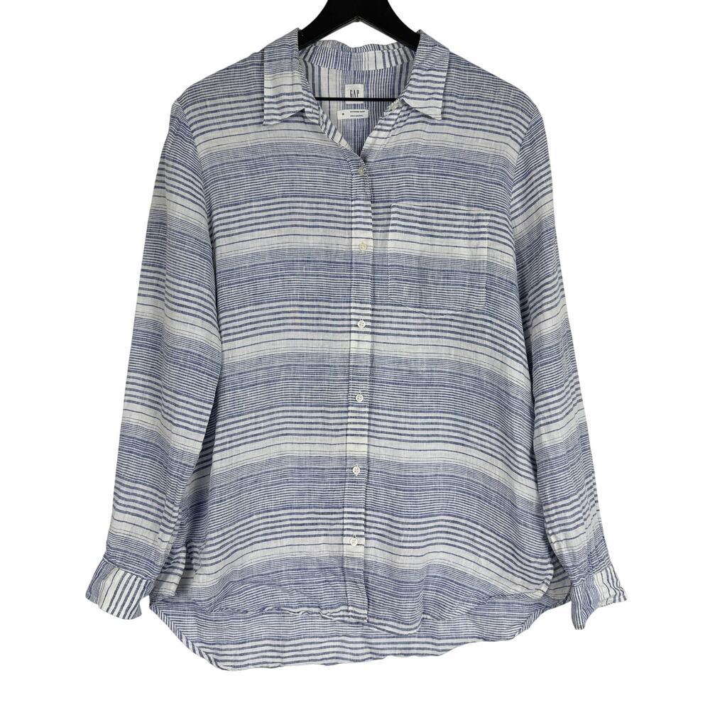GAP Women's 100% Linen Oversized Boyfriend Shirt Button Up Blue Stripe - M
